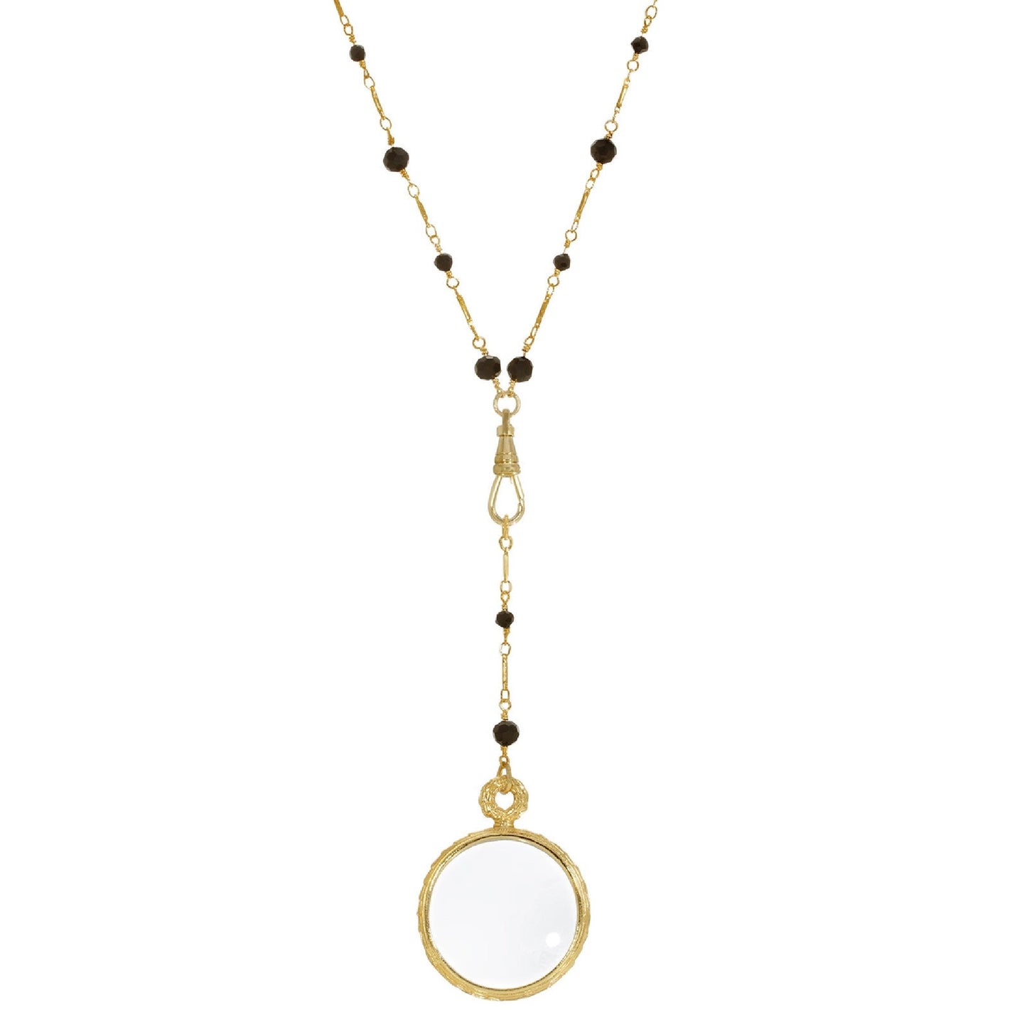 Black Bead Magnifying Glass Drop Necklace, Gold