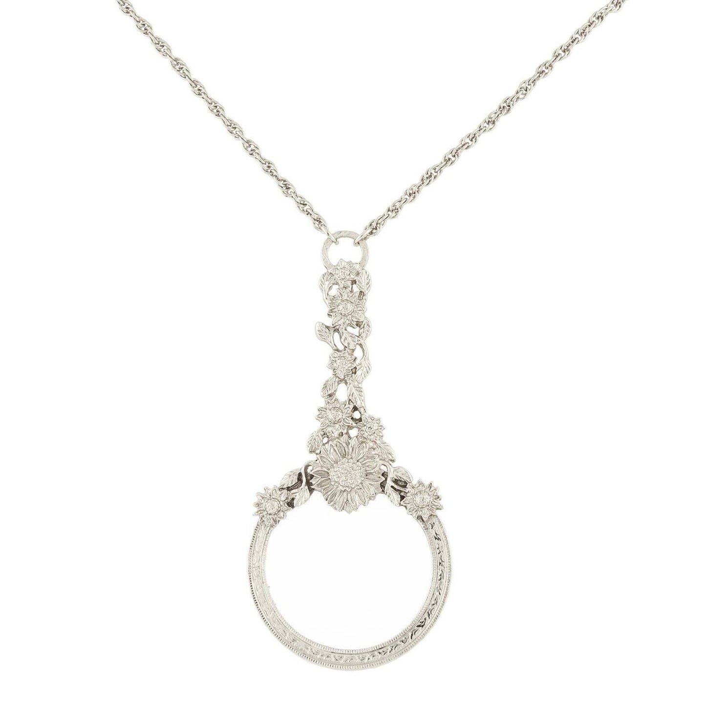Floral Magnifying Glass Necklace, Silver