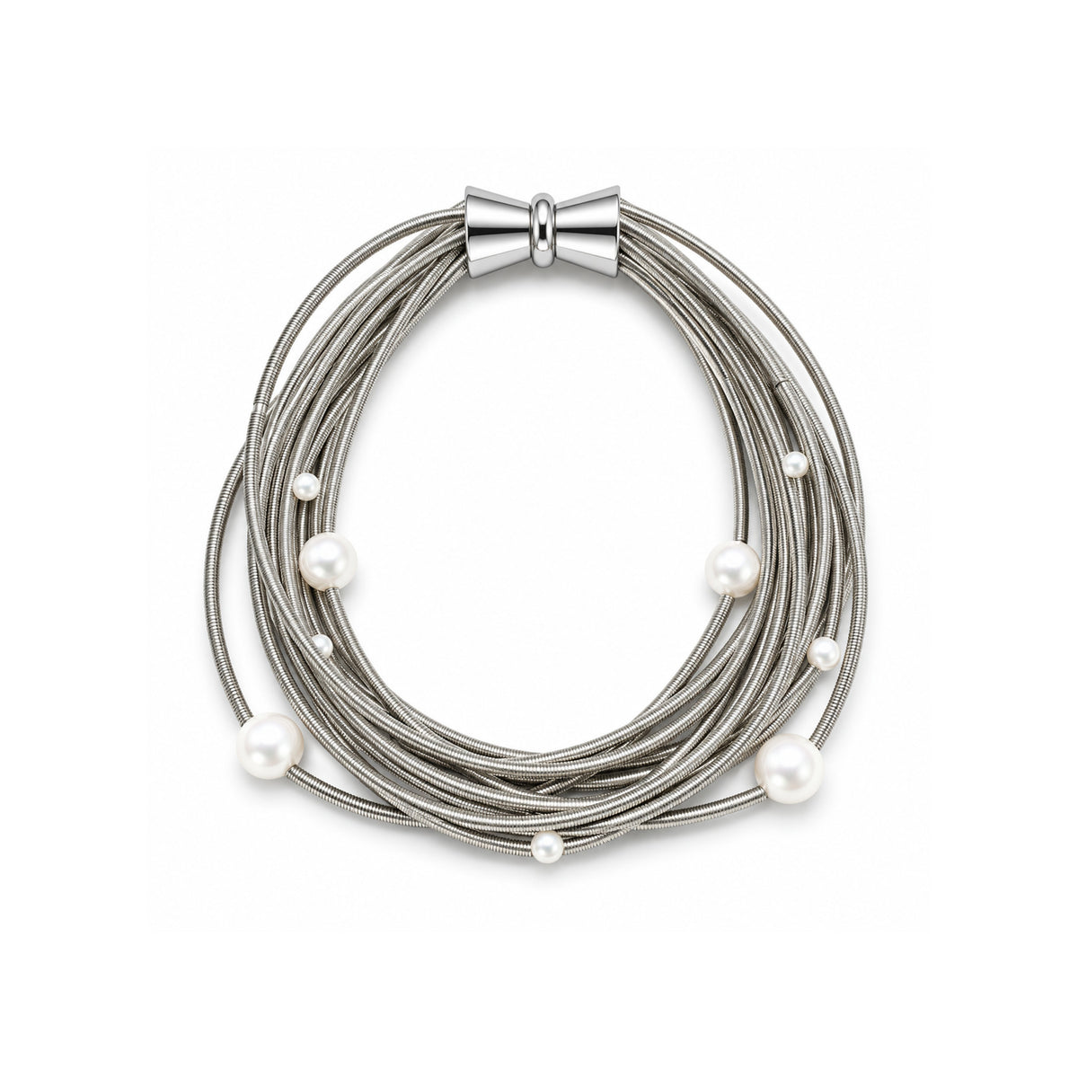 Piano Wire Bracelet with Pearls, Silver