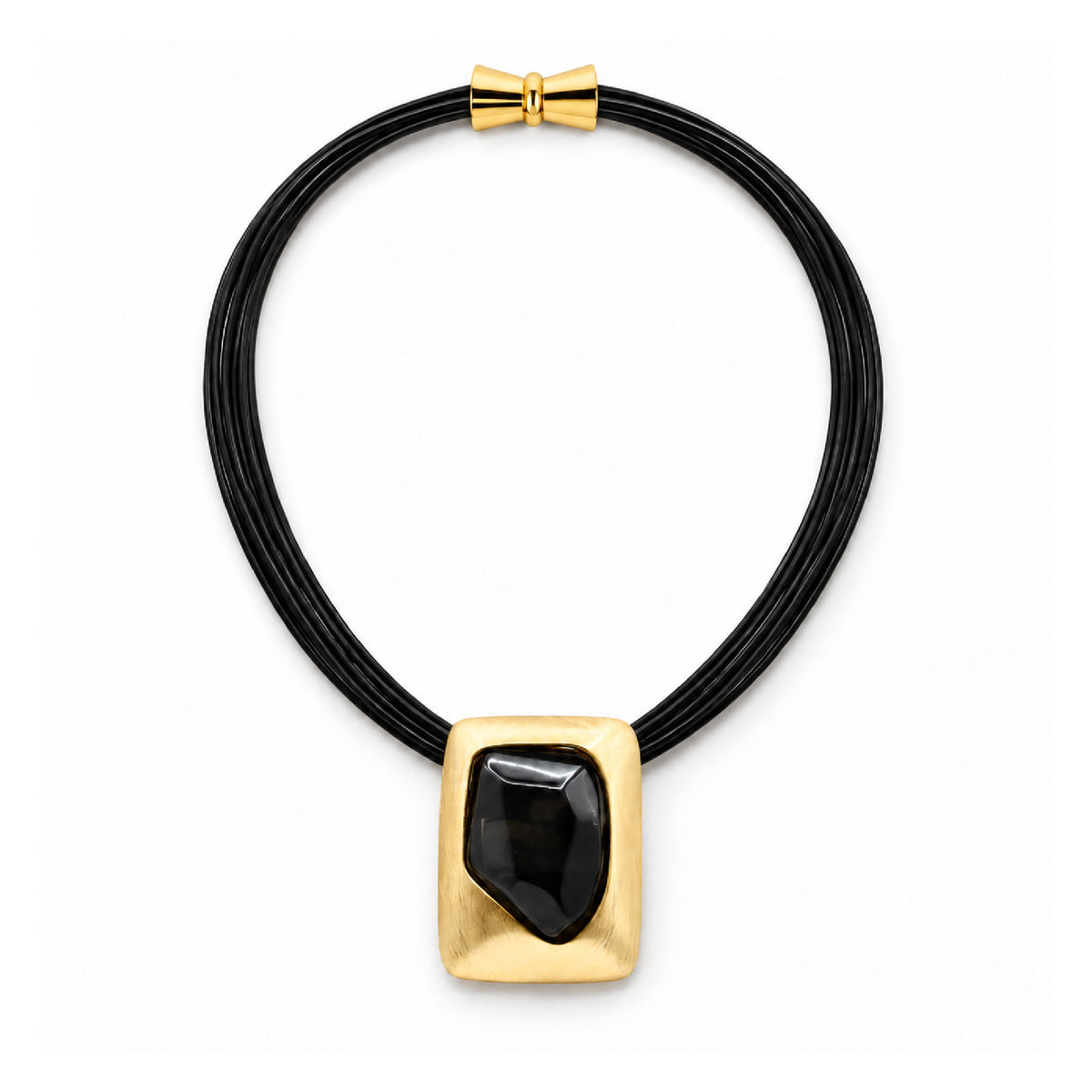 Piano Wire Necklace with Smoky Stone Pendant, Black