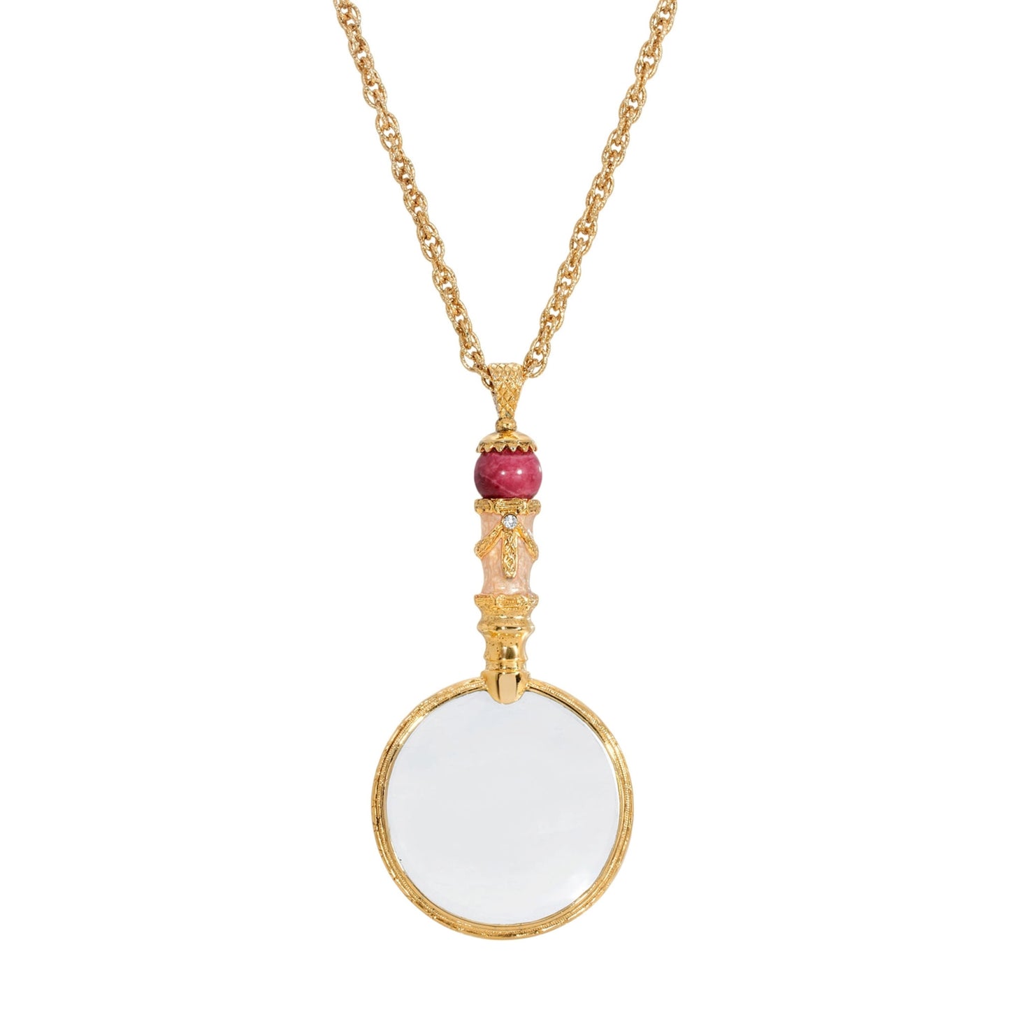 Art Deco Magnifying Glass Necklace, Maroon/Gold