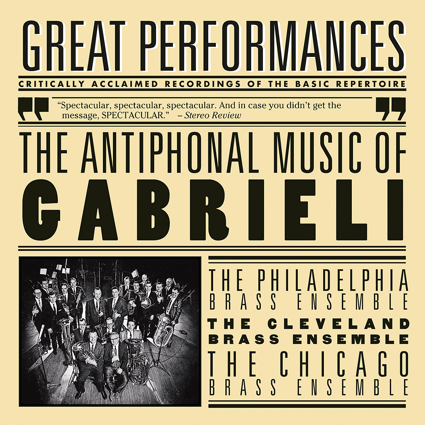 Album cover for Gabrieli: Antiphonal Music (CD), conducted by Richard Burgin, and the Chicago Symphony Orchestra Brass, Cleveland Brass Ensemble, Philadelphia Brass Ensemble, and New England Brass Ensemble, featuring E. Power Biggs