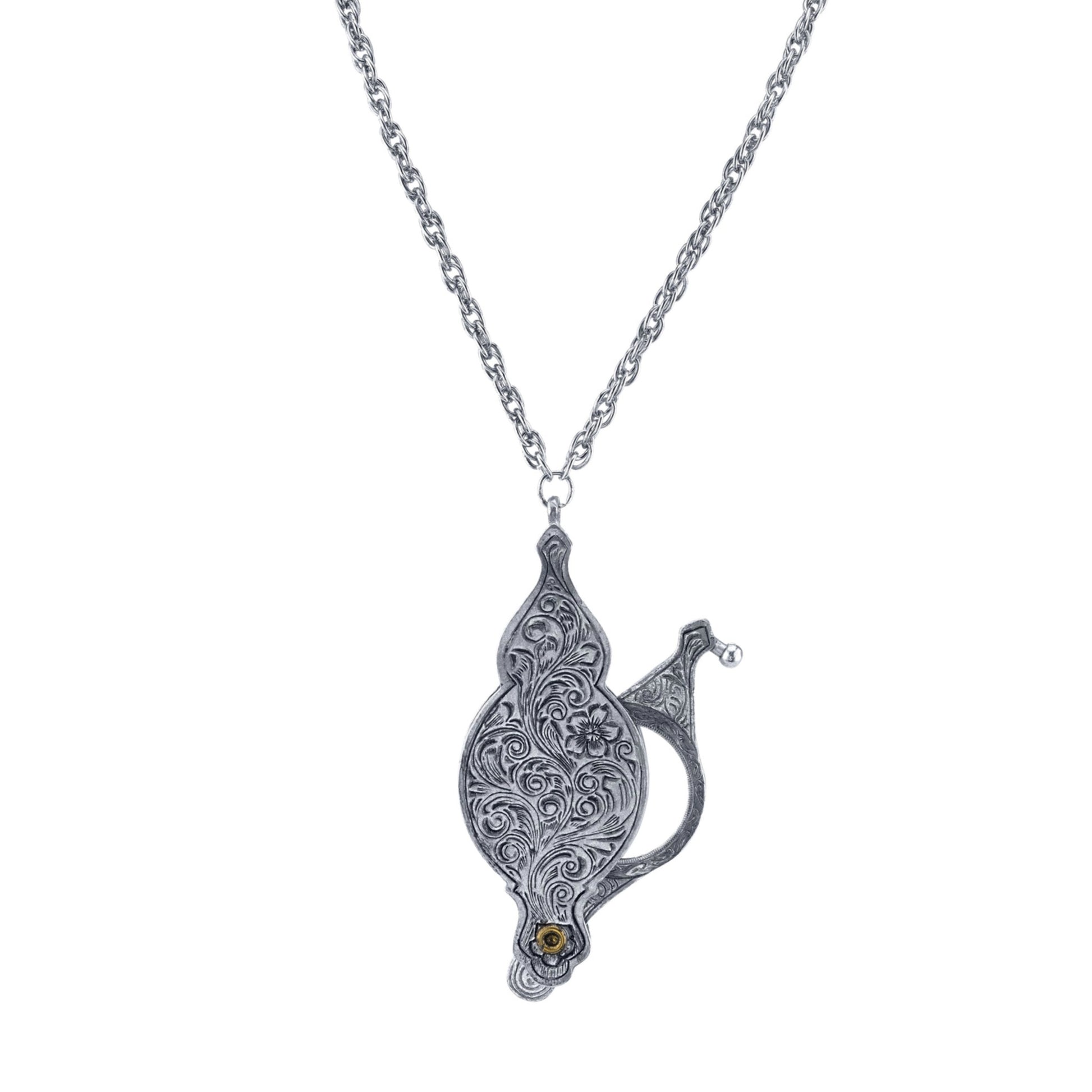 Antiqued Filigree Fold-Out Magnifying Glass Necklace, Silver