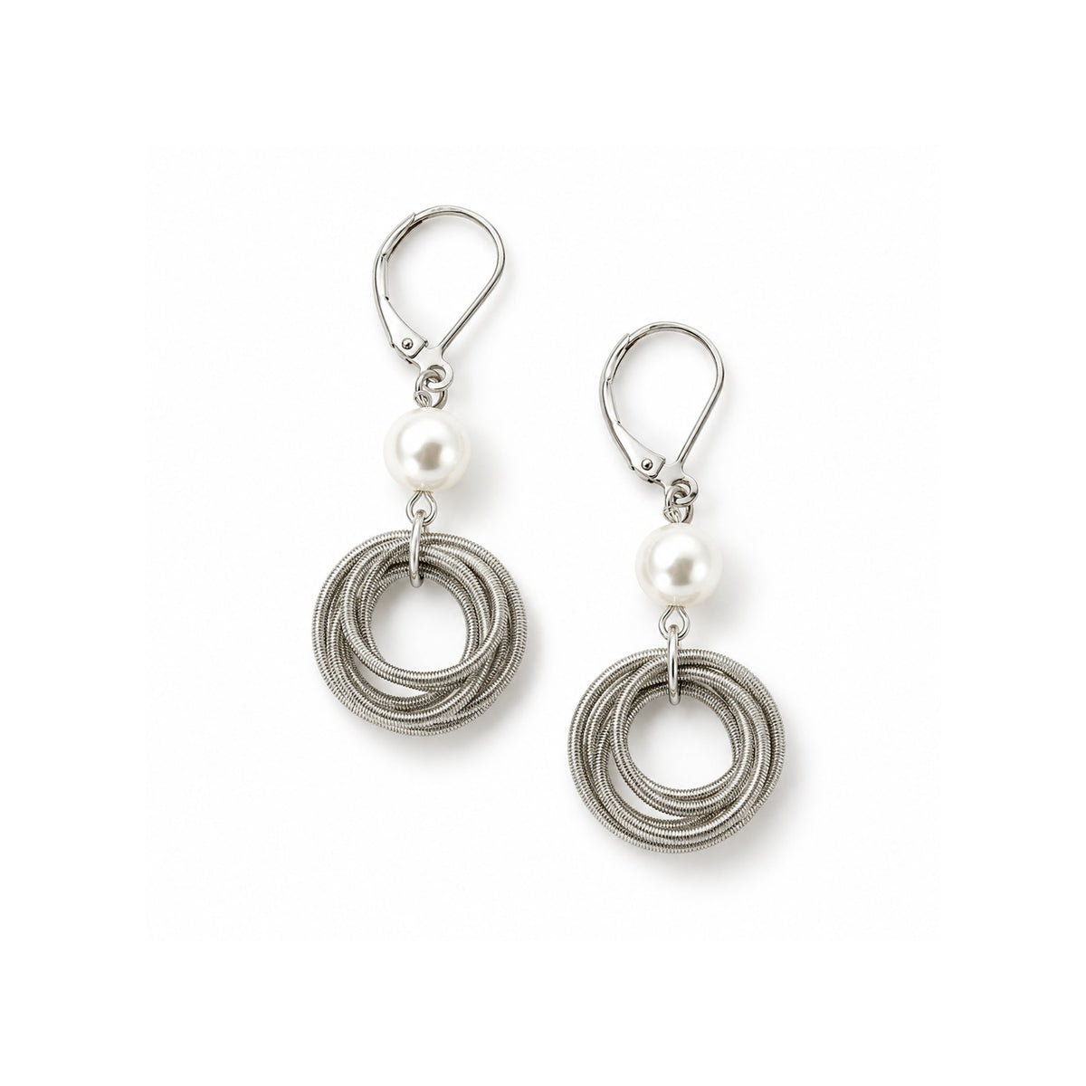 Piano Wire Loop & Pearl Earrings, Silver