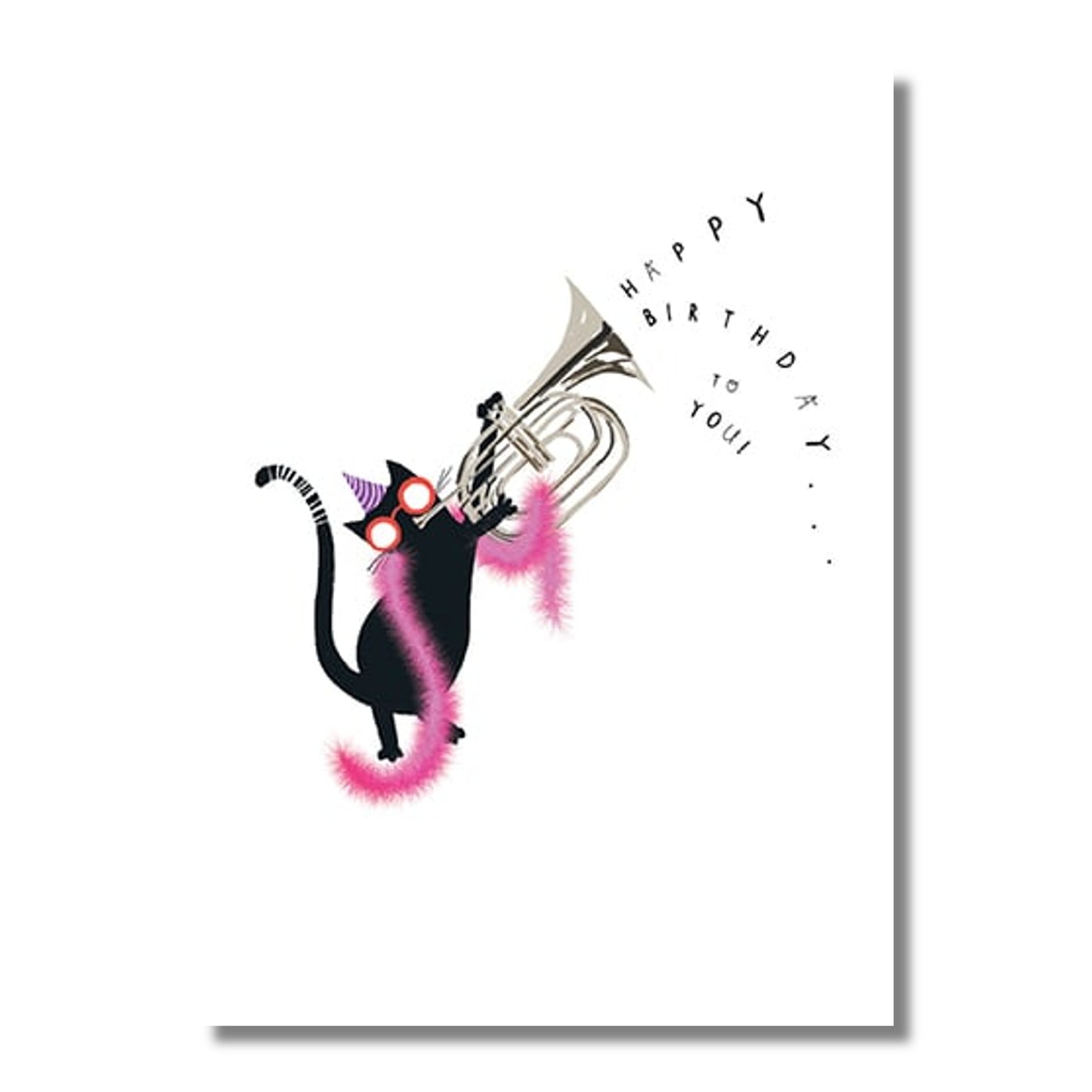 Birthday Card — Trumpeting Cat with Feather Boa