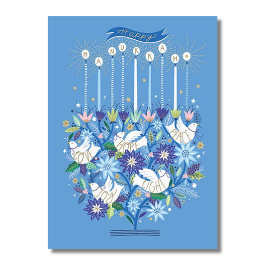 Hanukkah Card — Menorah with Flowers & Doves