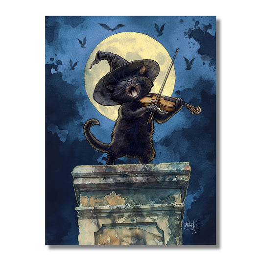Halloween Card — Fiddling Black Cat