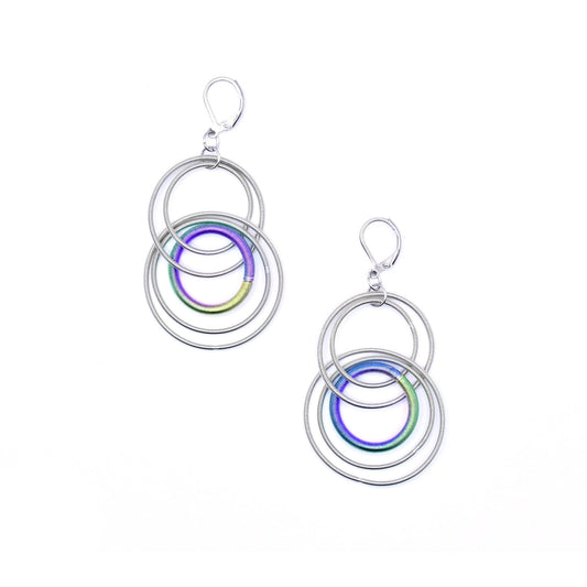 Piano Wire Loop Earrings with Multicolor Ring, Silver
