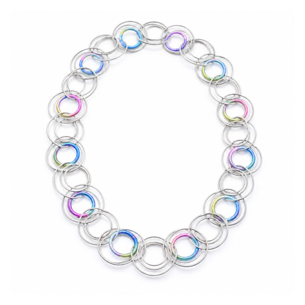 Piano Wire Loops Necklace with Multicolor Rings, Silver