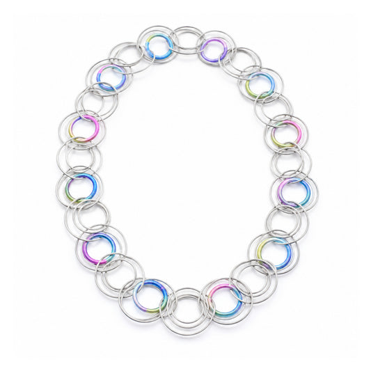 Piano Wire Loops Necklace with Multicolor Rings, Silver
