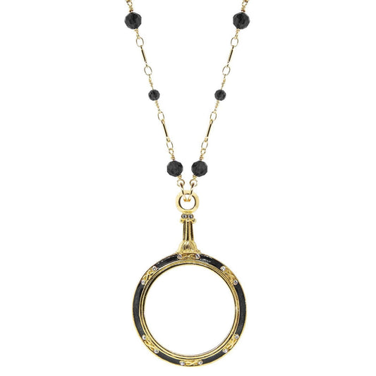 Beaded Enamel Magnifying Glass Necklace, Black