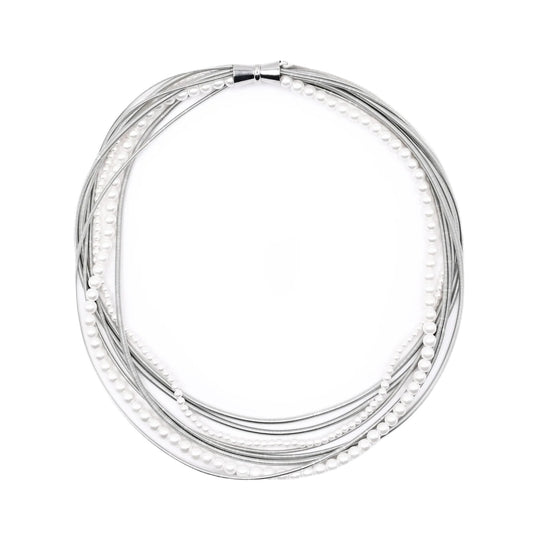 Piano Wire & Pearl Strands Necklace, Silver