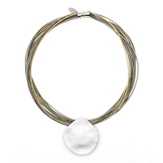 Piano Wire Necklace with Silver Pendant, Gold & Silver