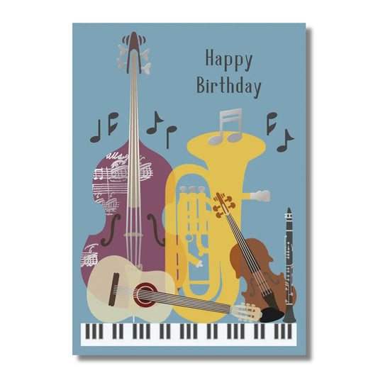 Birthday Card — Musical Instruments on Blue Background