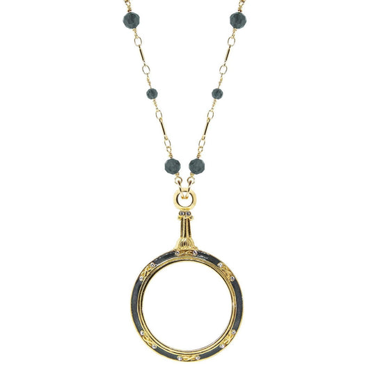 Beaded Enamel Magnifying Glass Necklace, Dark Blue