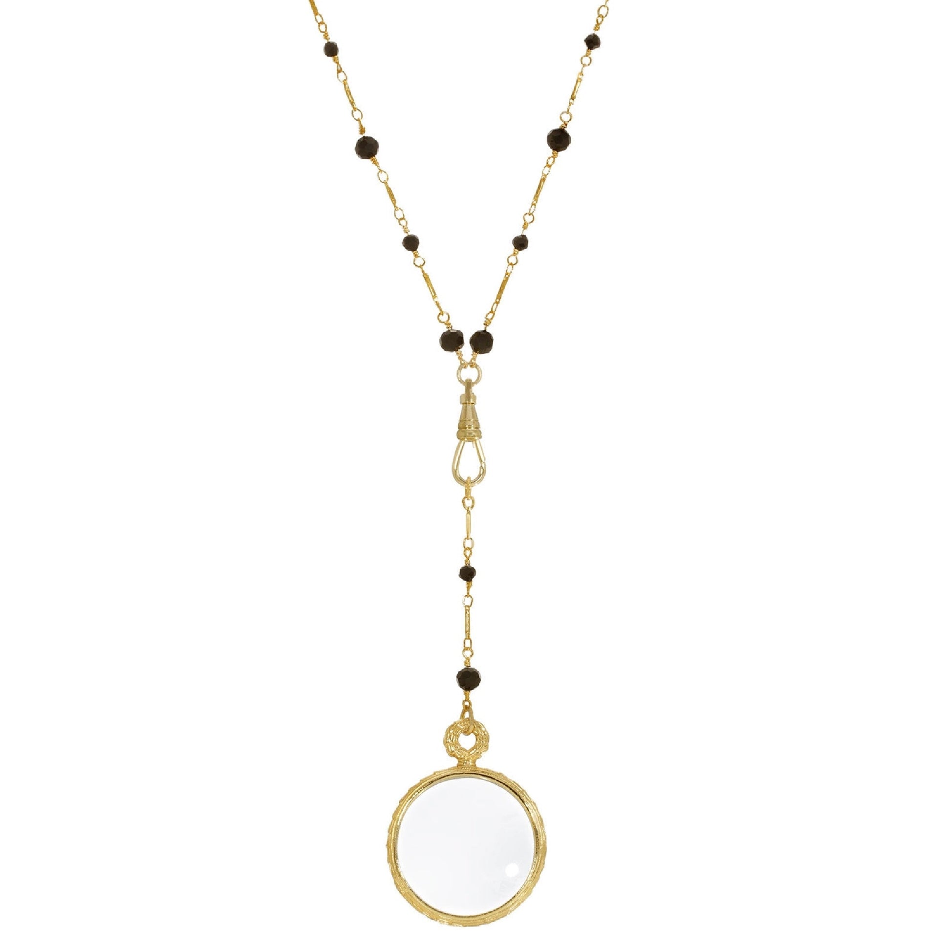 Black Bead Magnifying Glass Drop Necklace, Gold