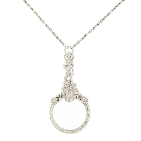 Floral Magnifying Glass Necklace, Silver