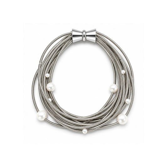 Piano Wire Bracelet with Pearls, Silver