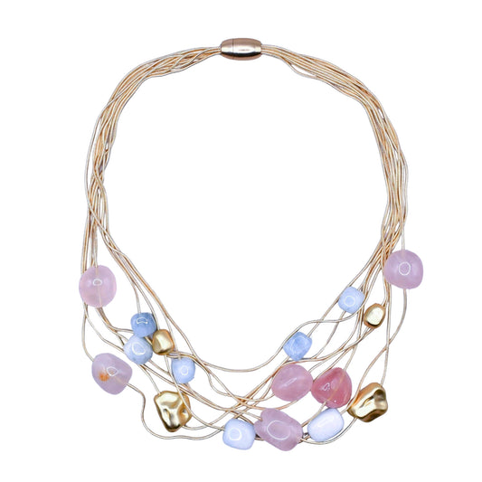 Piano Wire Necklace with Aquamarine & Rose Quartz Beads