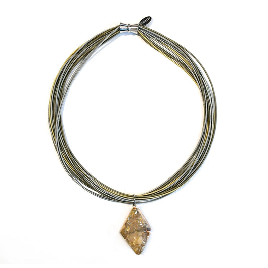 Piano Wire Necklace with Geode Pendant, Gold & Silver