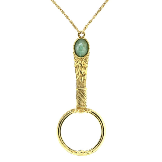 Art Deco Magnifying Glass Necklace, Green/Gold
