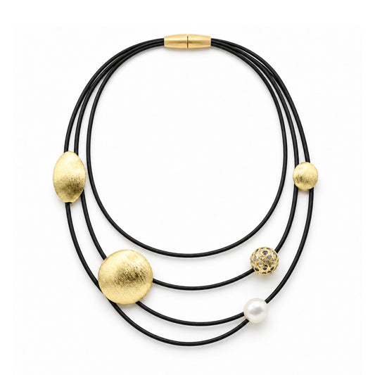 Piano Wire Necklace with Gold Medallions & Pearl, Black