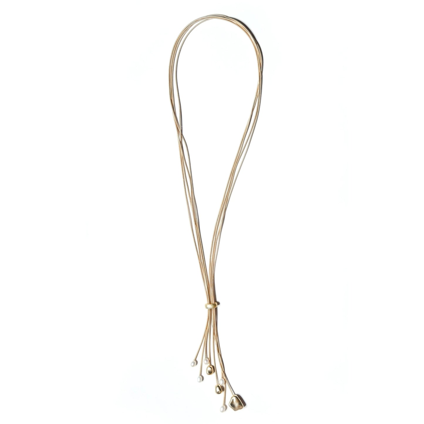 Piano Wire Lariat Necklace with Pearls & Beads, Gold