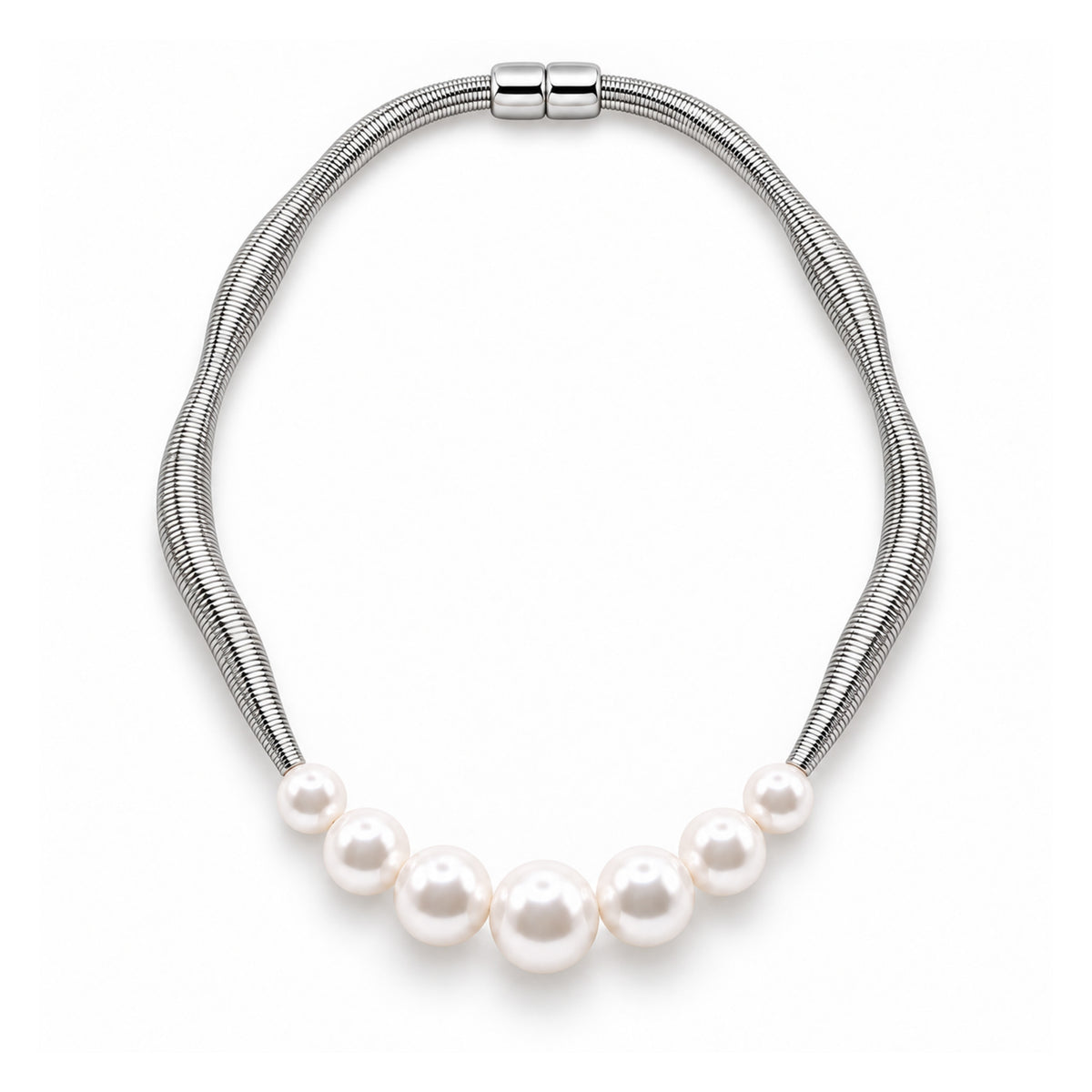 Piano Wire Waves & Pearls Necklace, Silver