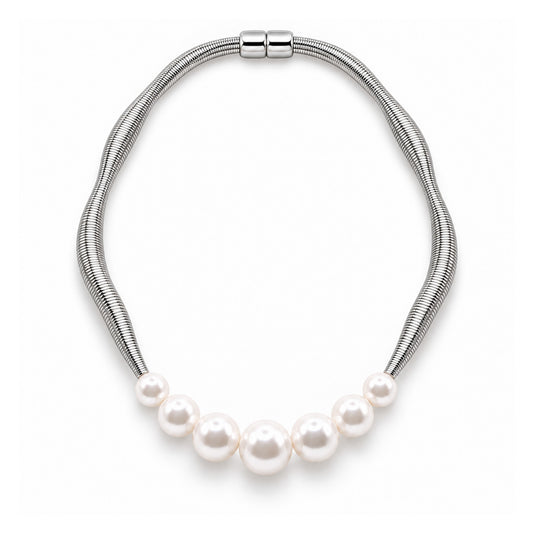 Piano Wire Waves & Pearls Necklace, Silver