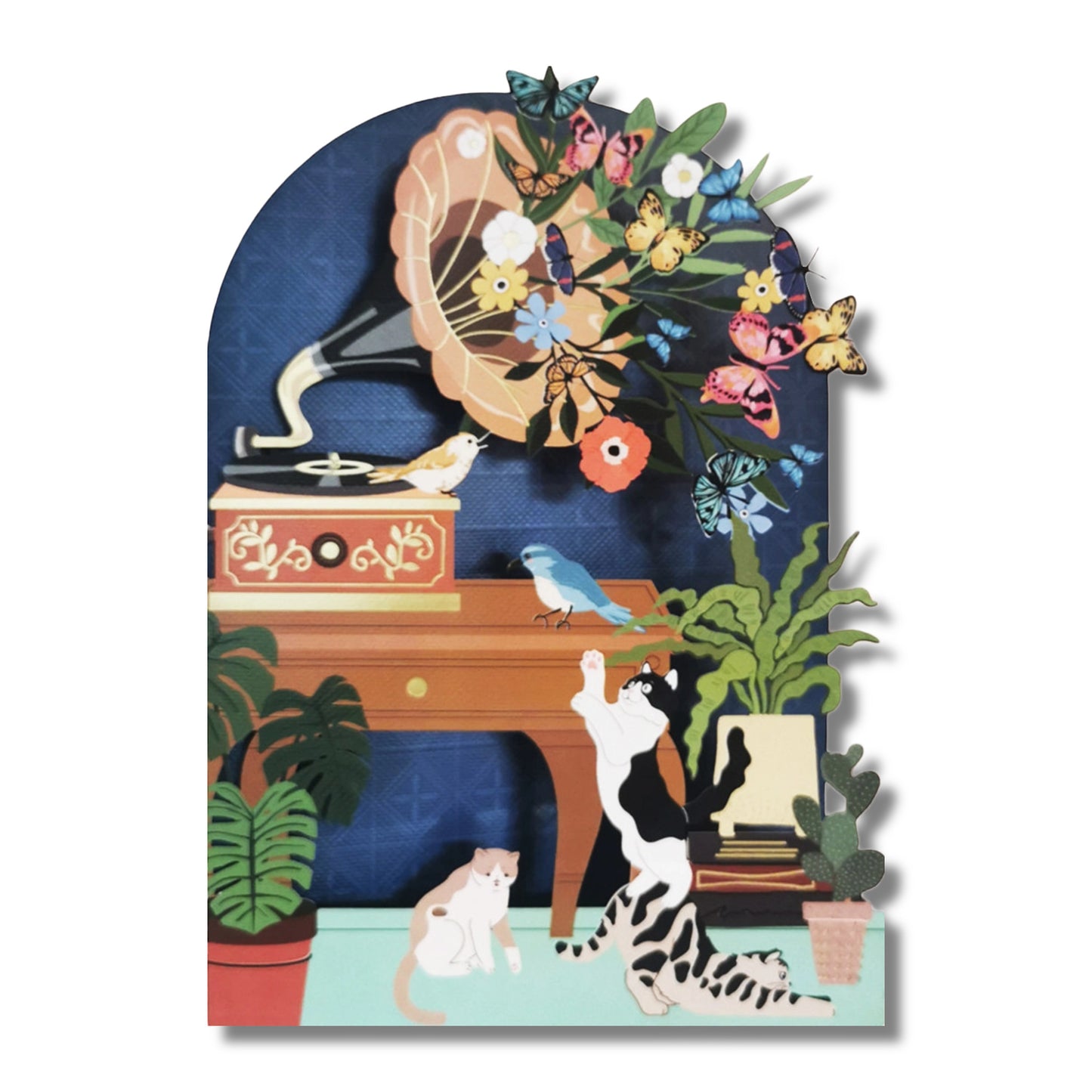 Blank Card — Cats with a Floral Gramophone