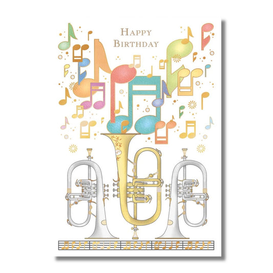 Birthday Card — Flugelhorns with Colorful Notes