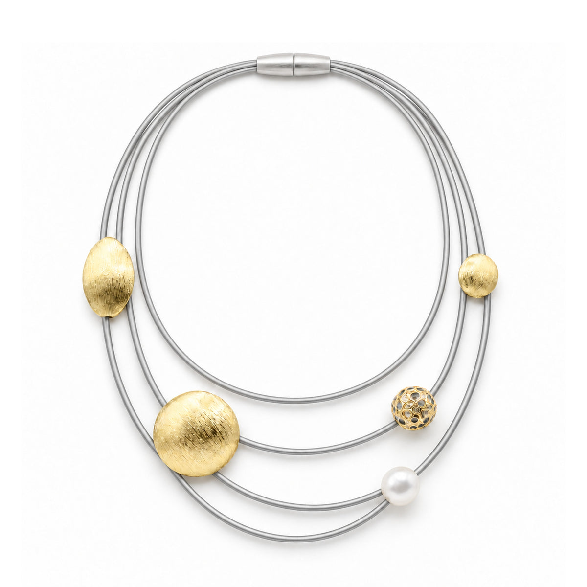 Piano Wire Necklace with Gold Medallions & Pearl, Silver