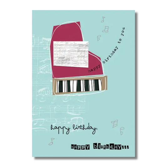 Birthday Card — Piano & Sheet Music on Blue Background