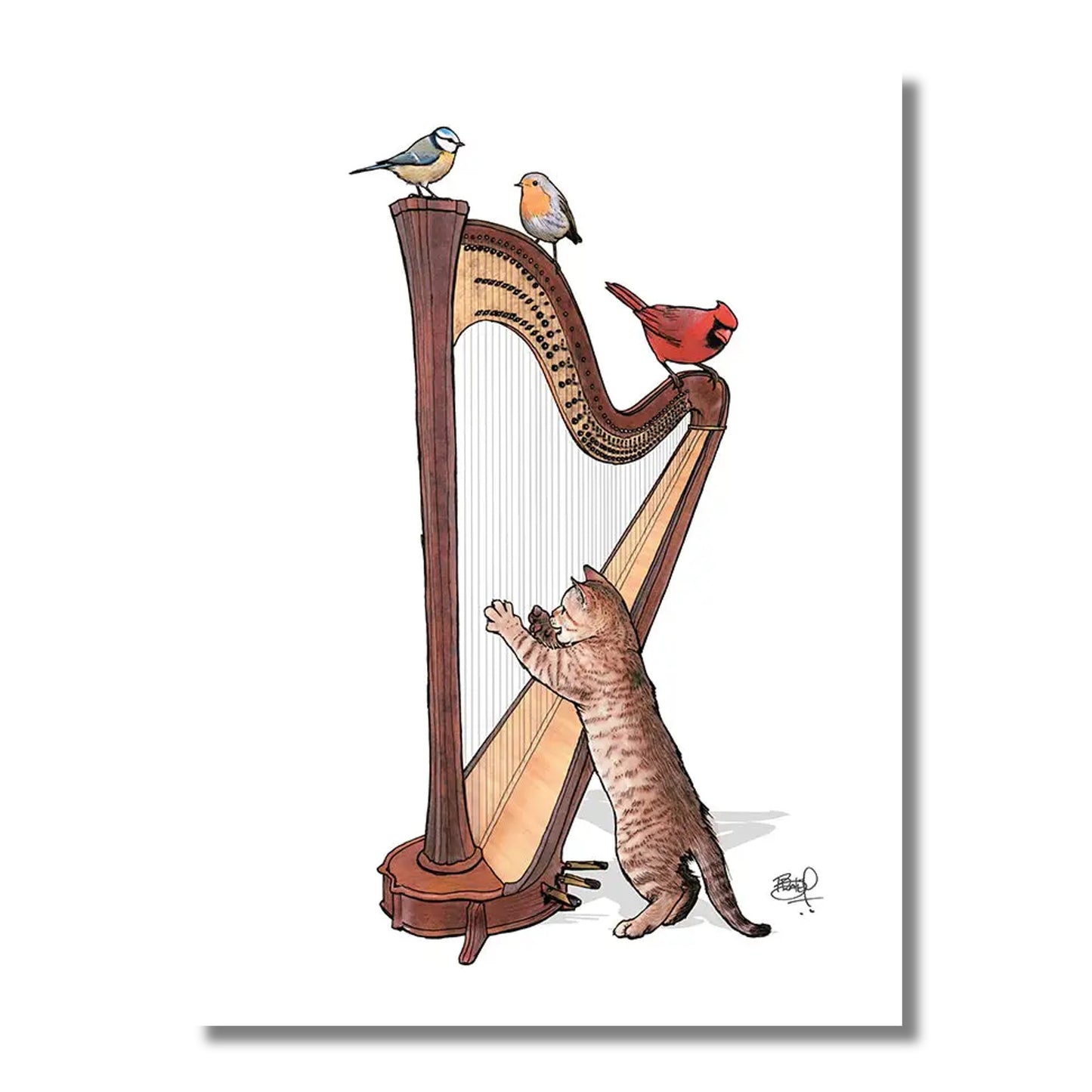 Blank Card — Cat & Birds Playing the Harp