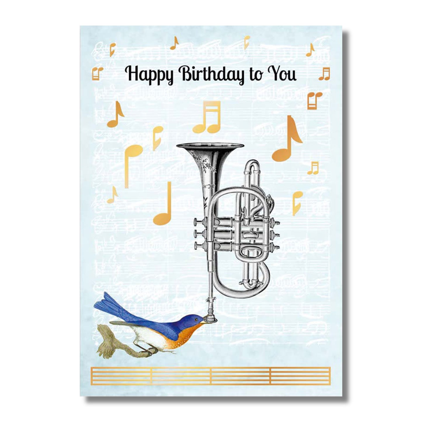 Birthday Card — Blue Bird Playing Cornet